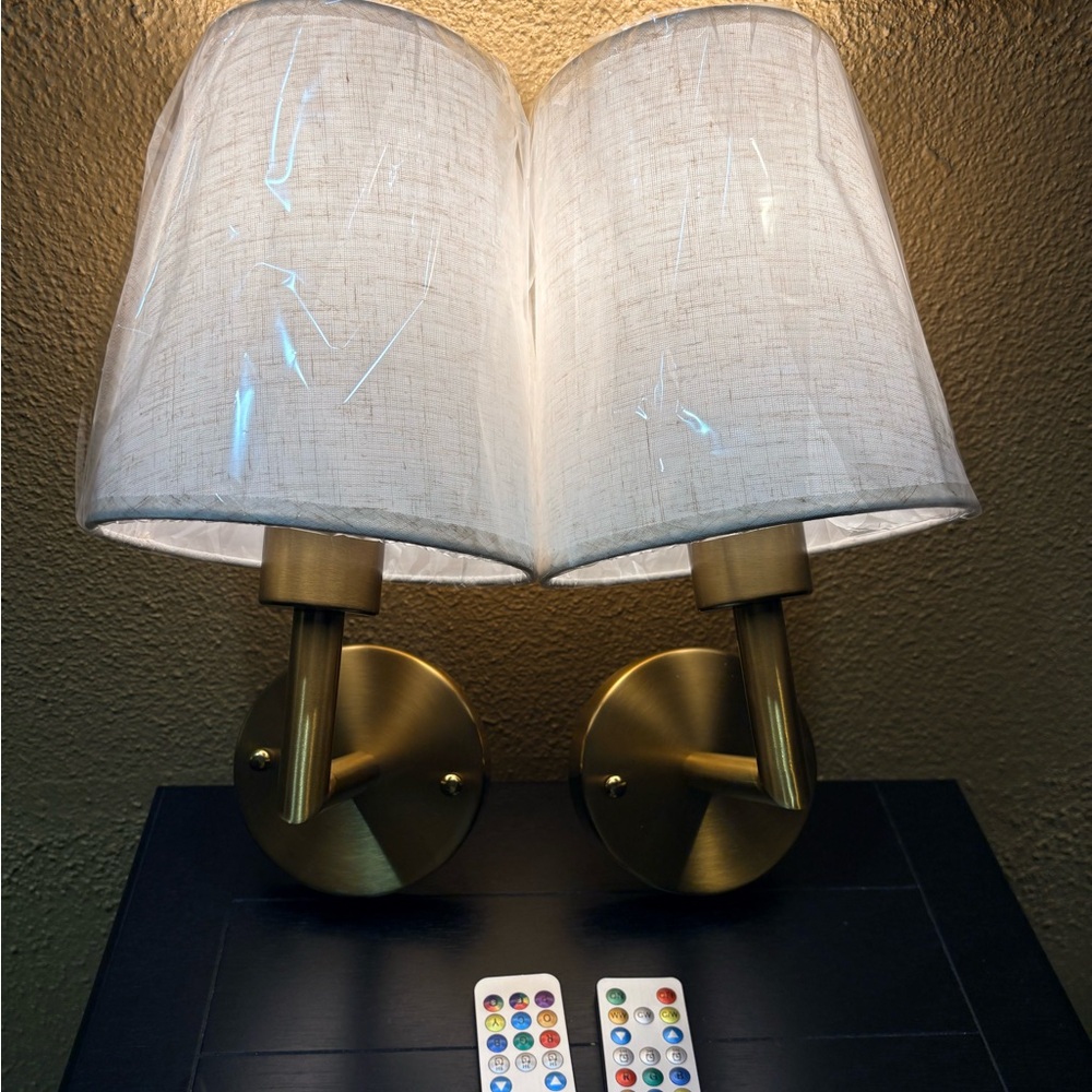 Battery Operated Wall Sconce Set of 2 — Gold — Remote Control Rechargeable bulbs
